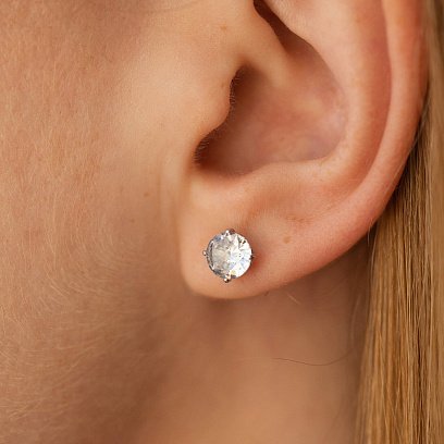 Серьги - пусеты "Сердечки" в белом золоте (фианиты) с06889 №4