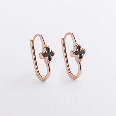 Сережки "Конюшина" з оніксом (червоне золото) с09451