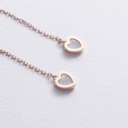 Золоті сережки - протяжки "Сердечки" з перламутром с08574 №3