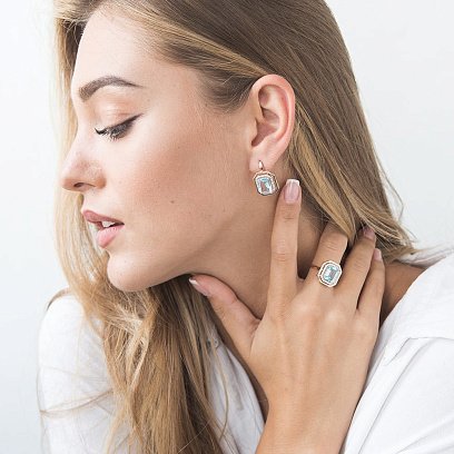 Сережки золоті з блакитним топазом і фіанітами с03117 №4