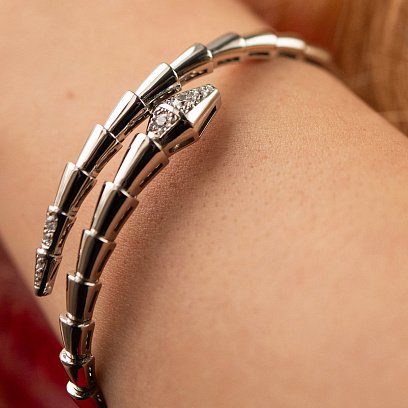 Жесткий браслет "Змея" в белом золоте (фианиты) б05433 №5