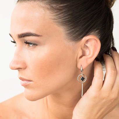 Серебряные серьги "Клевер" с ониксом 122194 №5