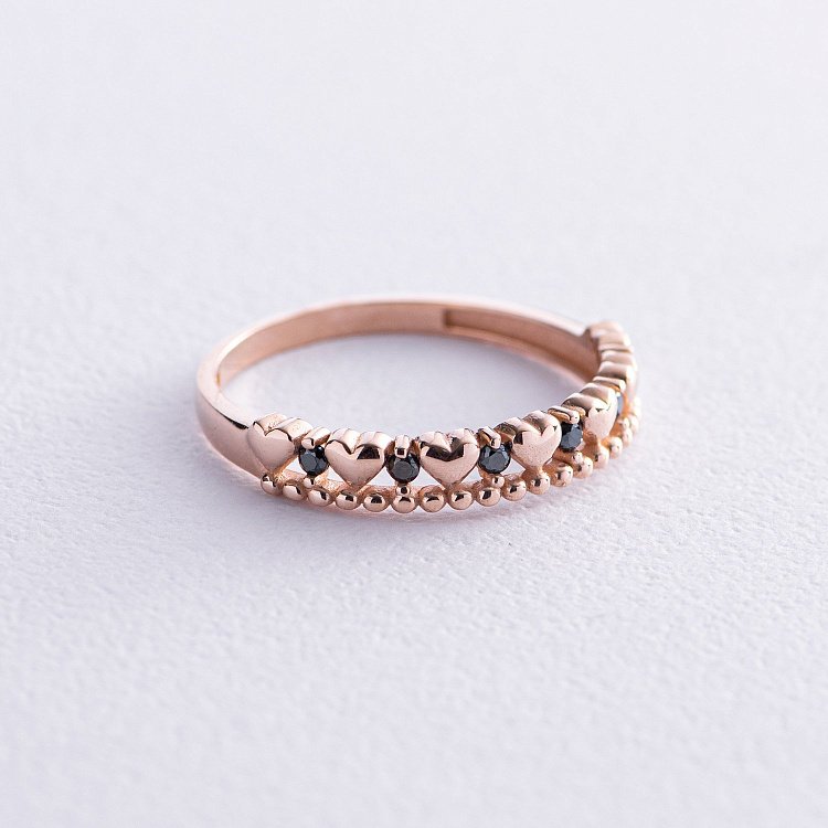 Золотое кольцо "Сердечки" с черными фианитами к07046 от ювелирного магазина Оникс