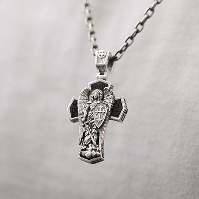 Мужской православный крест "Архангел Михаил" из эбенового дерева и серебра 1445 №4