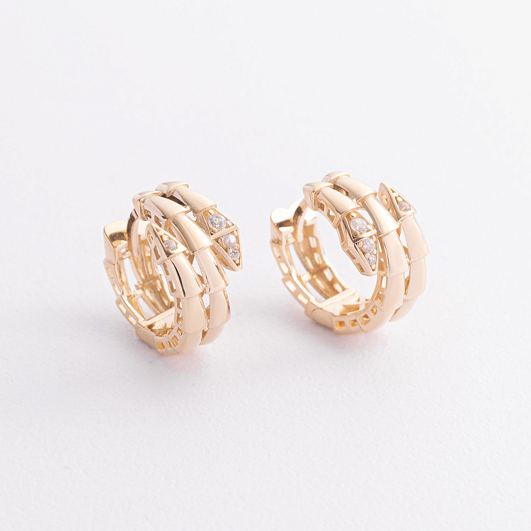 Сережки - кільця "Змії" у жовтому золоті (фіаніти) с09297 від ювелірного магазину Онікс