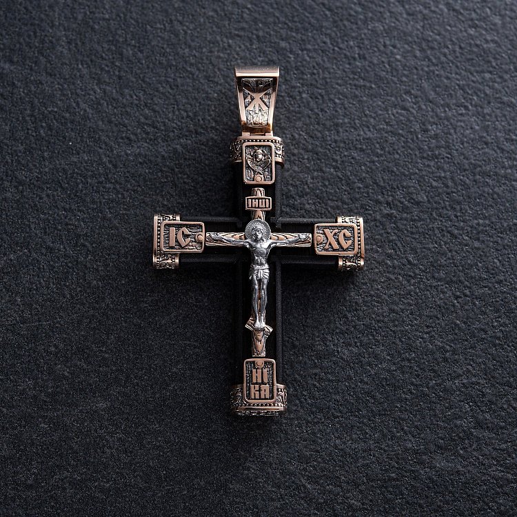 Золотой крест "Распятие. Спаси и Сохрани" с эбеновым деревом 981з от ювелирного магазина Оникс - 4