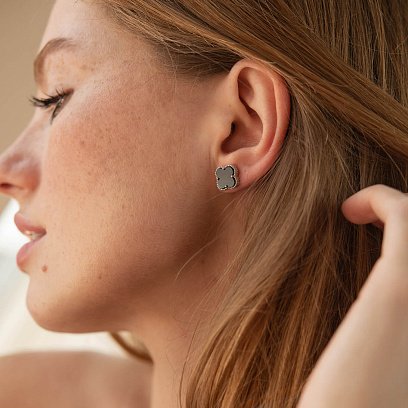 Серебряные серьги - пусеты "Клевер" (синт. оникс) OR128220 №6