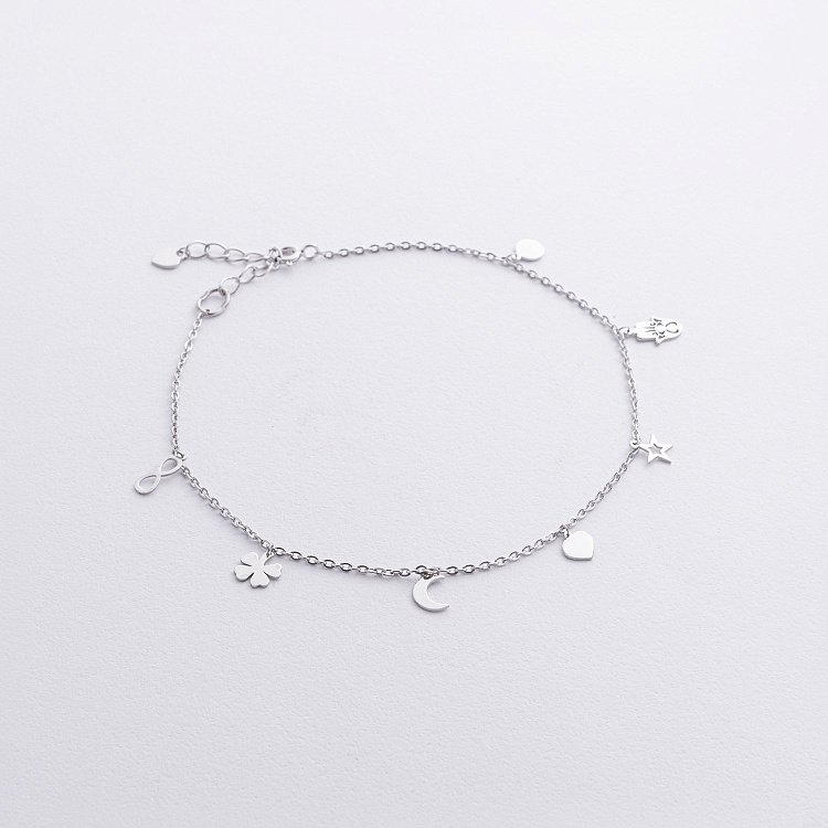 Срібний браслет "Монетка, хамса, зірка, серце, місяць, конюшина, нескінченність" на ногу 905-01110 від ювелірного магазину Онікс