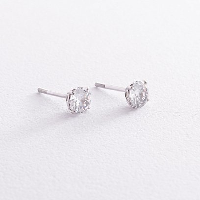 Серьги - пусеты "Сердечки" в белом золоте (фианиты) с06889 №3