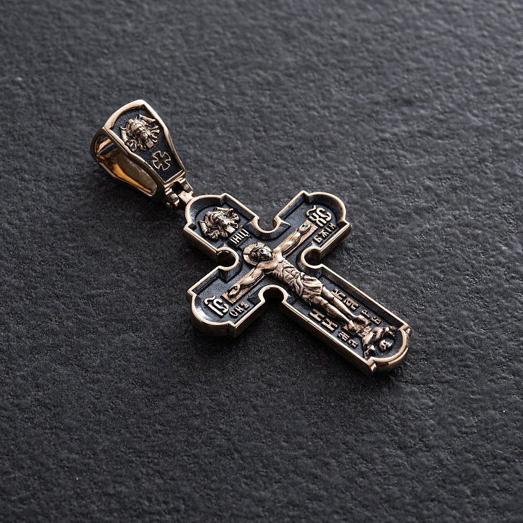 Православний золотий хрест "Розп'яття Христове. Спас Нерукотворний. Ікона Божої Матері знамення. Святитель Миколай" п03908 від ювелірного магазину Онікс