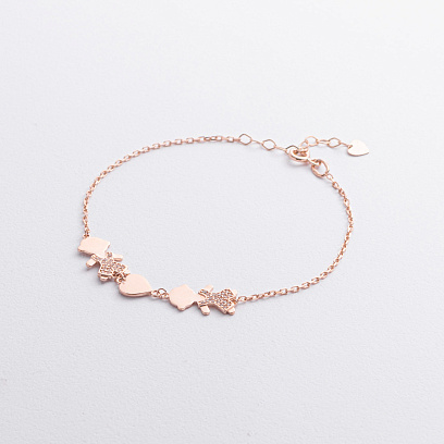 Браслет "Два хлопчика та сердечко" в червоному золоті (фіаніти) б05653