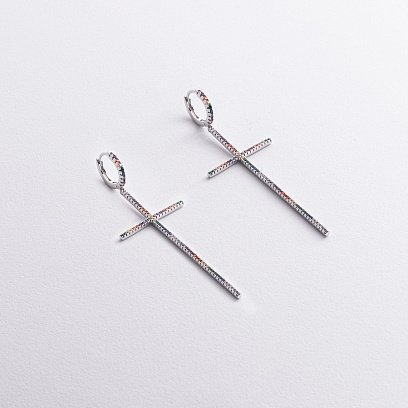 Серебряные серьги "Крестики" с разнозветными фианитами 123484 №6
