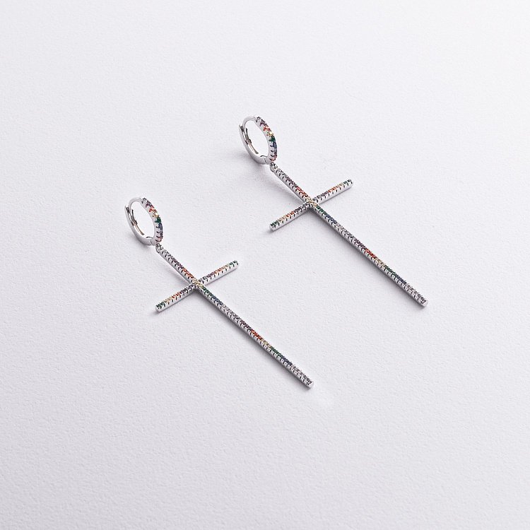 Серебряные серьги "Крестики" с разнозветными фианитами 123484 от ювелирного магазина Оникс - 5