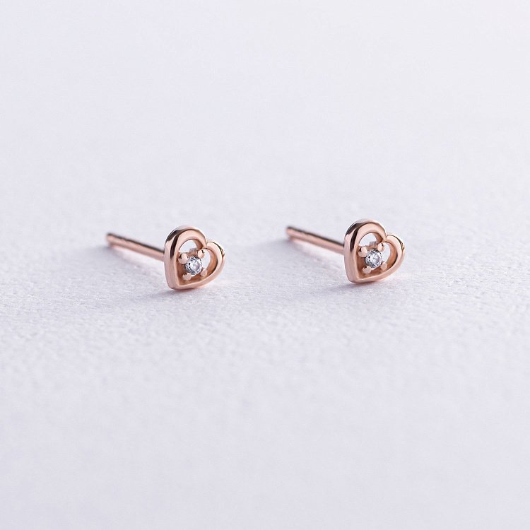 Серьги - пусеты "Сердечки" в красном золоте (фианиты) с07937 от ювелирного магазина Оникс