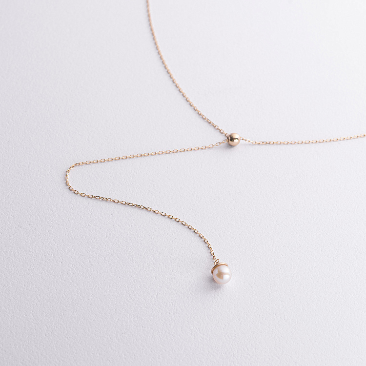 Колье - галстук "Жемчужина на цепочке" в желтом золоте (регулируемая длина) кол02635 от ювелирного магазина Оникс - 1