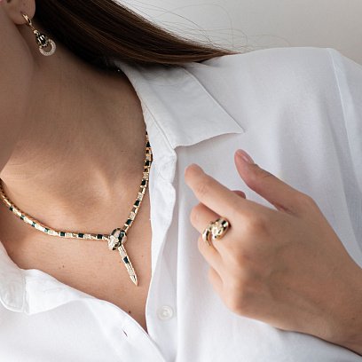 Золота каблучка "Змія" (емаль, фіаніт) к06644 №5