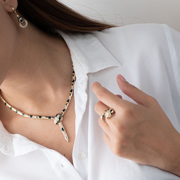 Золота каблучка "Змія" (емаль, фіаніт) к06644 від ювелірного магазину Онікс - 4