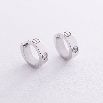 Серьги - кольца "Love" в белом золоте (фианиты) С1004-1р