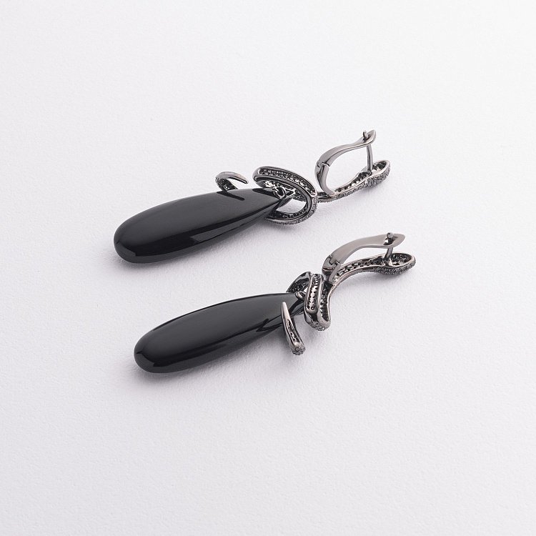 Золоті сережки "Змії" (онікс, діамант) сб0249sth від ювелірного магазину Онікс - 1