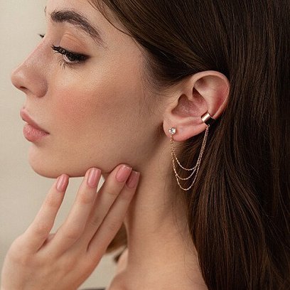 Серьга - каффа "Тринити" в красном золоте с цепочками (фианит) с08019 №5