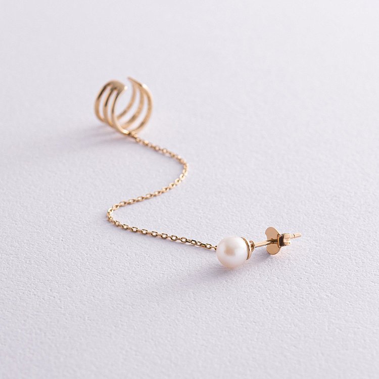 Серьга - каффа "Тринити" с жемчужиной (желтое золото) с08260 от ювелирного магазина Оникс - 3