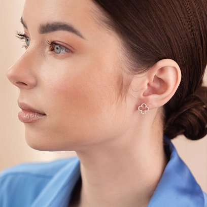 Серьги - пусеты "Клевер" с фианитами (желтое золото) с08436 №5