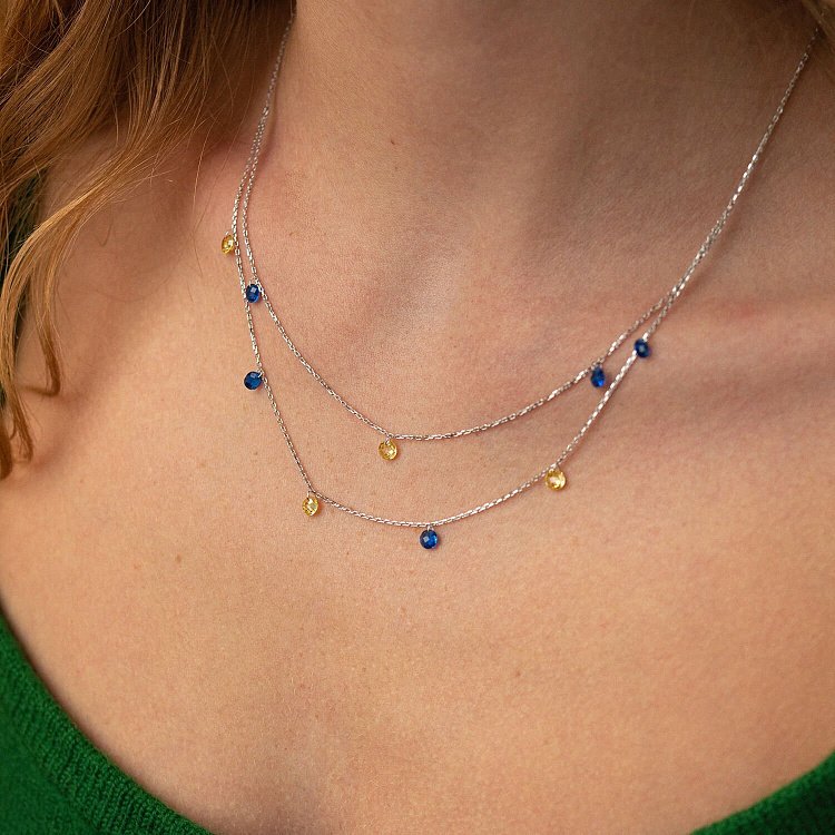 Двойное золотое колье "Украинка" (синие и желтые фианиты) кол02338 от ювелирного магазина Оникс - 1