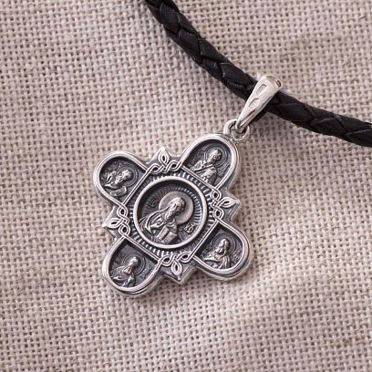 Серебряный православный крестик (чернение) " Господь Вседержитель. Казанская икона Божией Матери и восемь святых " 131020 №3