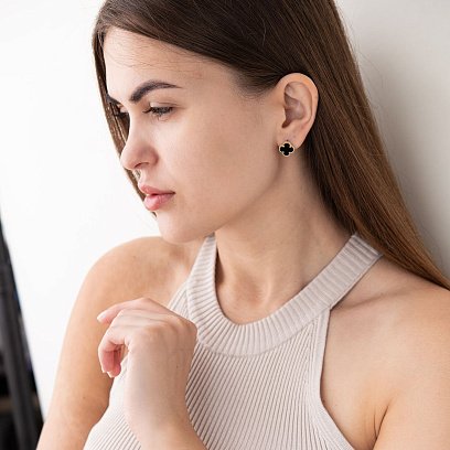 Золотые серьги "Клевер" с ониксом с06169 №8