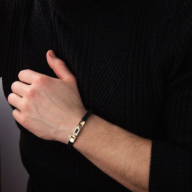 Каучуковый браслет со вставкой желтого золота (фианиты) б03996 от ювелирного магазина Оникс - 1