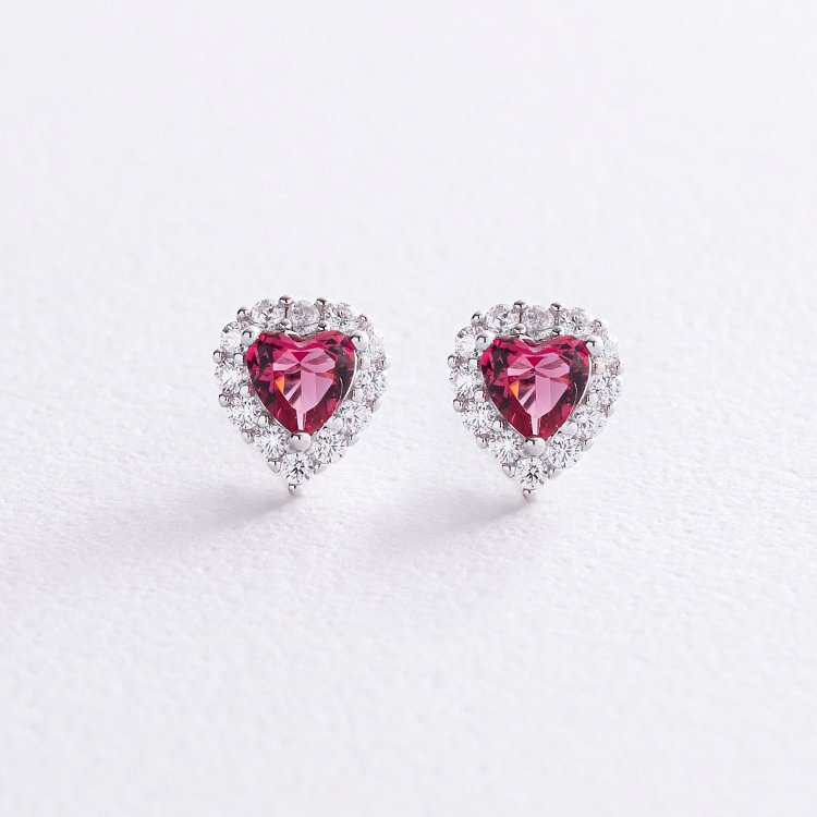 Серебряные серьги - пусеты "Сердечки" с фианитами 123295к от ювелирного магазина Оникс