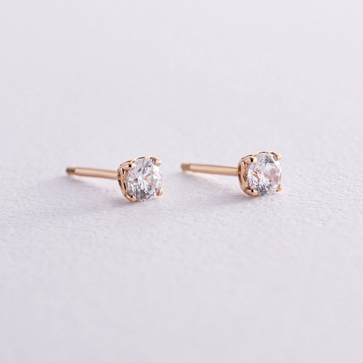 Серьги - пусеты "Сердечки" в желтом золоте (фианиты) с06942 от ювелирного магазина Оникс - 2