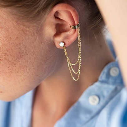 Сережка - каффа "Трініті" в жовтому золоті з ланцюжками (фіаніт) с08041 №10