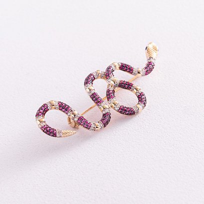 Золота брошка "Змія" з різнокольоровими фіанітами зак00326 №3