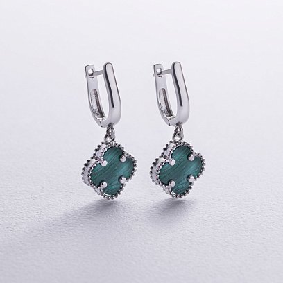 Срібні сережки "Конюшина" з малахітом 123357