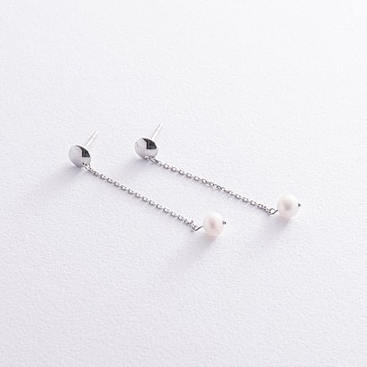 Сережки - пусети "Перлина на ланцюжку" у білому золоті с08302 №3