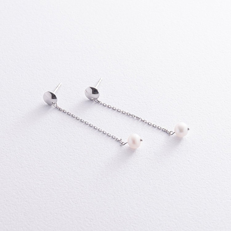 Сережки - пусети "Перлина на ланцюжку" у білому золоті с08302 від ювелірного магазину Онікс - 2