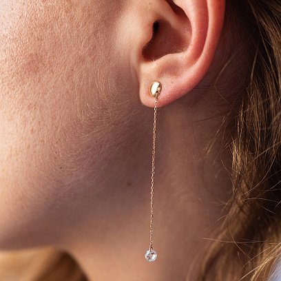 Серьги - пусеты "Фианит на цепочке" в красном золоте с08038