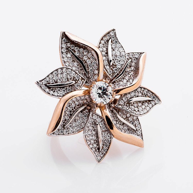 Золотое кольцо "Цветок" (фианиты) к01856 от ювелирного магазина Оникс - 2