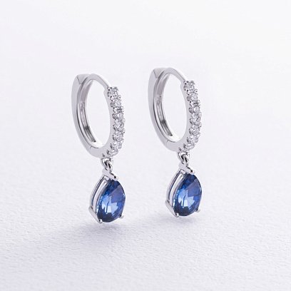 Золоті сережки - кільця "Крапельки" (сапфіри, діаманти) сб0510sm