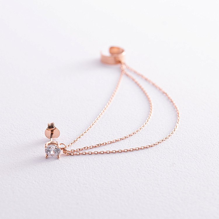 Серьга - каффа "Тринити" в красном золоте с цепочками (фианит) с08019 от ювелирного магазина Оникс - 2