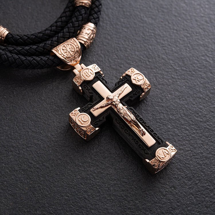 Мужской православный крест из эбенового дерева и золота "Распятие. Спаси и Сохрани" (на шнурке) кол02244 от ювелирного магазина Оникс