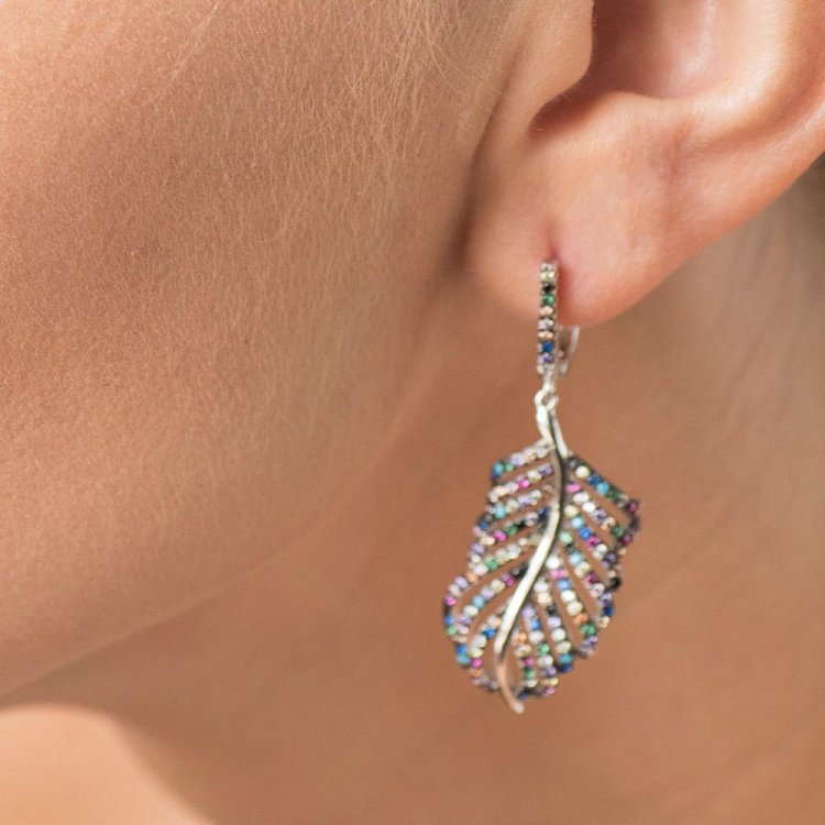 Срібні сережки "Листочок" (різнокольорові фіаніти) 122191 від ювелірного магазину Онікс - 3