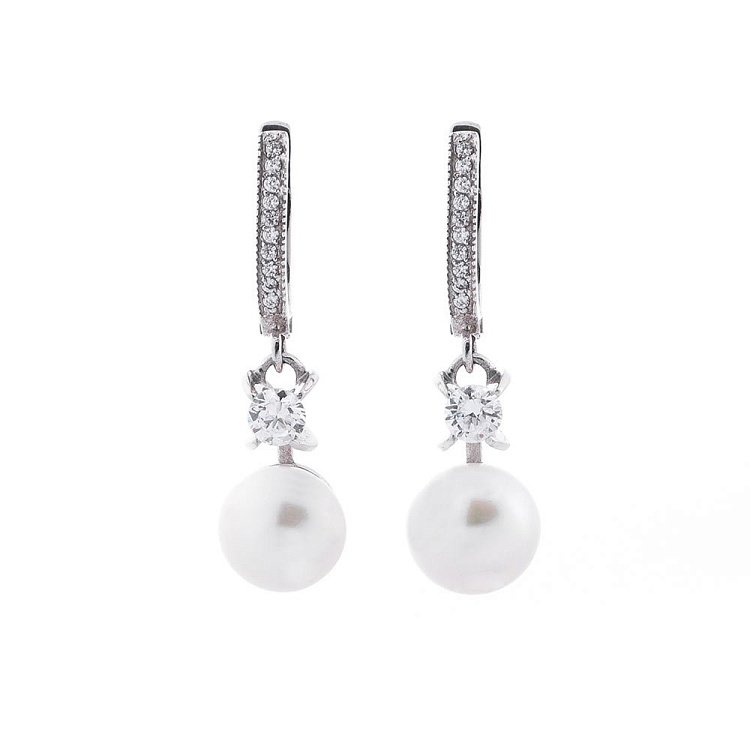 Золотые серьги с фианитами и культ. пресн. жемчугом с02893 от ювелирного магазина Оникс - 1