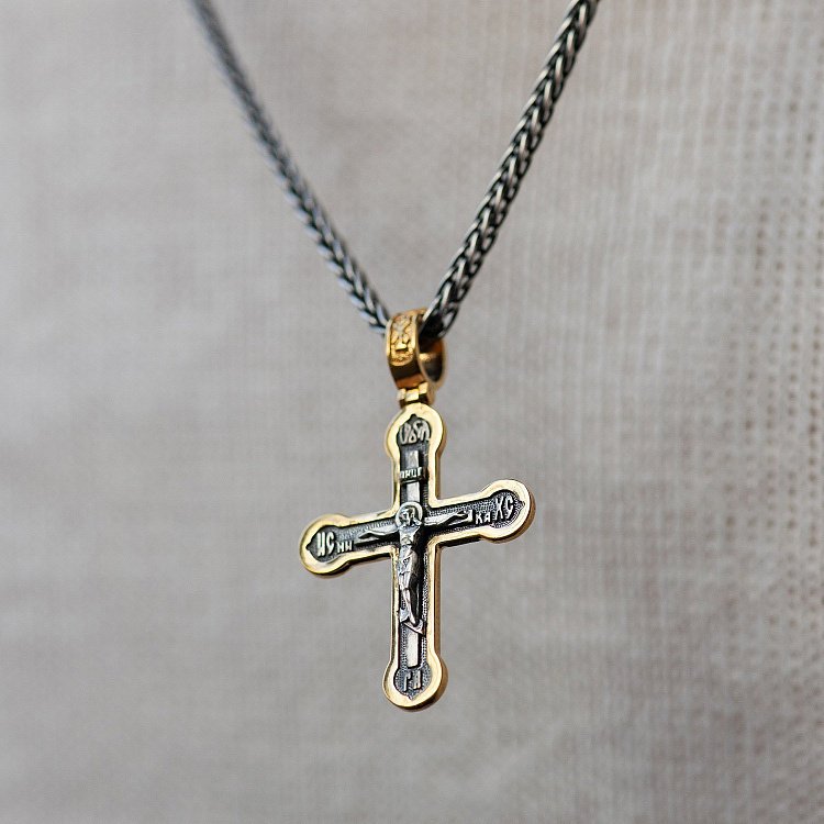 Срібний хрестик "Розп'яття. Спаси і збережи" (чорніння, позолота) 132527 від ювелірного магазину Онікс - 3