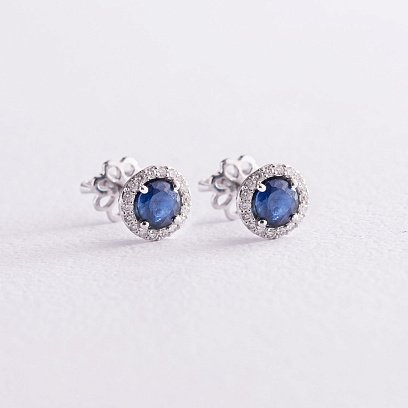 Золотые серьги - пусеты "Мира" с сапфирами и бриллиантами 23157 №3