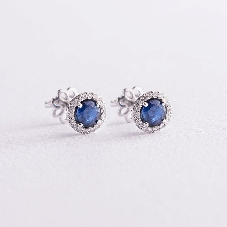 Золотые серьги - пусеты "Мира" с сапфирами и бриллиантами 23157 от ювелирного магазина Оникс - 2