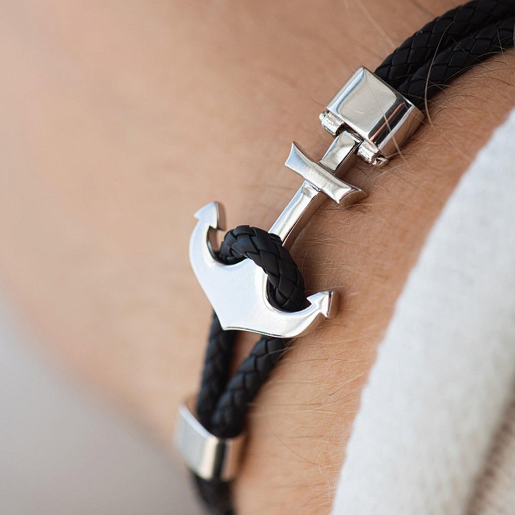 Шкіряний браслет "Якір" із золотою вставкою б02776 від ювелірного магазину Онікс - 3