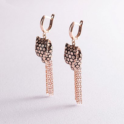 Золотые серьги "Пантеры" (эмаль, фианиты) с07715