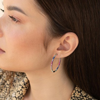 Серебряные серьги - кольца с разноцветными фианитами 123304 №2